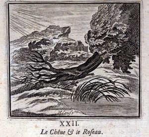 De Eik en het Riet. Fabels van Jean de La Fontaine. Illustratie door François Chauveau. Editie van 1728. door Francois Chauveau