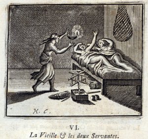 De oude dame en de twee bedienden. Fabels van Jean de La Fontaine. Illustratie door François Chauveau. Editie van 1728. door Francois Chauveau