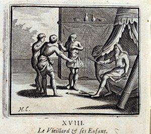 De Oude Man en Zijn Kinderen. Fabels van Jean de La Fontaine. Illustratie door François Chauveau. Editie van 1728.