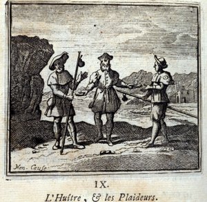De Oester en de Procespartijen. Fabels van Jean de La Fontaine. Illustratie door François Chauveau. Editie van 1728. door Francois Chauveau