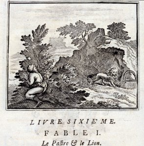 De Patra en de Leeuw. Fabels van Jean de La Fontaine. Illustratie door François Chauveau. Editie van 1728.