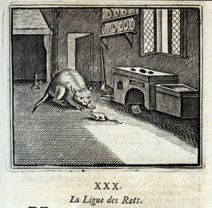 De rattenliga. Fabels door Jean de La Fontaine (1621-95). Illustratie door François Chauveau (1613-1676). Editie van 1728. door Francois Chauveau