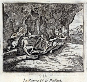 De satyr en de reiziger. Fabels door Jean de La Fontaine (1621-95). Illustratie door François Chauveau (1613-1676). Editie van 1728. door Francois Chauveau