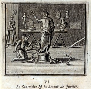 De beeldhouwer en het standbeeld van Jupiter. Fabels door Jean de La Fontaine (1621-95). Illustratie door François Chauveau (1613-1676). Editie van 1728.