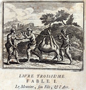 De Zuiger, zijn zoon en de Ezel. Fabels van Jean de La Fontaine. Illustratie door François Chauveau. Editie van 1728. door Francois Chauveau