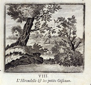De zwaluw en de kleine vogels. Fabels van Jean de La Fontaine. Illustratie door François Chauveau. Editie van 1728. door Francois Chauveau