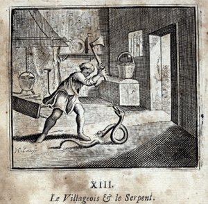 De dorpsbewoner en de slang. Fabels van Jean de La Fontaine. Illustratie door François Chauveau. Editie van 1728. door Francois Chauveau