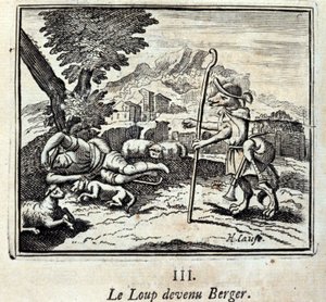 De Wolf werd Berger. Fabels van Jean de La Fontaine. Illustratie door François Chauveau. Editie van 1728.