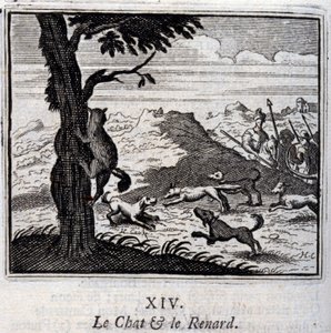 De kat en de vos. Fabels van Jean de La Fontaine. Illustratie door François Chauveau. Editie van 1728. door Francois Chauveau