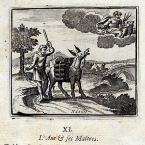 De ezel en zijn meesters. Fabels door Jean de La Fontaine (1621-95). Illustratie door François Chauveau (1613-1676). Editie van 1728.