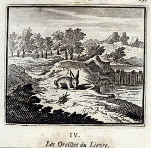De oren van de haas. Fabels van Jean de La Fontaine. Illustratie door François Chauveau. Editie van 1728. door Francois Chauveau