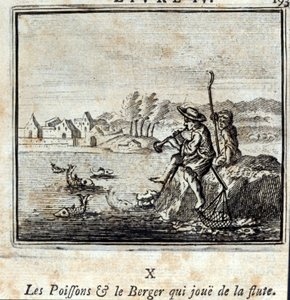 De vis en de herder die de fluit speelt. Fabels van Jean de La Fontaine. Illustratie door François Chauveau. Editie van 1728. door Francois Chauveau