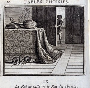 De stadsmuis en de veldmuis. Fabels door Jean de La Fontaine. Illustratie door François Chauveau. Editie van 1728 door Francois Chauveau