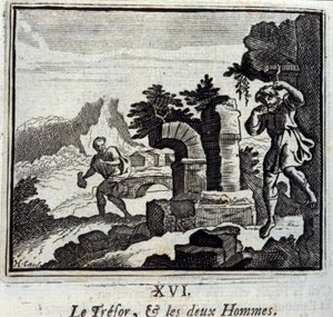 De schat en de twee mannen. Fabels van Jean de La Fontaine (1621-95). Illustratie door François Chauveau (1613-1676). Editie van 1728. door Francois Chauveau