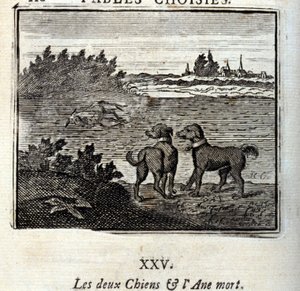 De twee honden en de dode ezel. Fabels door Jean de La Fontaine (1621-95). Illustratie door François Chauveau (1613-1676). Editie van 1728. door Francois Chauveau
