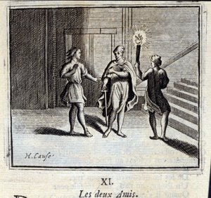 De twee vrienden. Fabels door Jean de La Fontaine (1621-95). Illustratie door François Chauveau (1613-1676). Editie van 1728. door Francois Chauveau