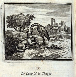 De wolf en de ooievaar. Fabels door Jean de La Fontaine (1621-95). Illustratie door François Chauveau (1613-1676). Editie van 1728. door Francois Chauveau
