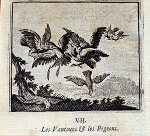Gieren en duiven. Fabels door Jean de La Fontaine. Illustratie door François Chauveau. Editie van 1728 door Francois Chauveau