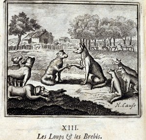Wolven en schapen. Fabels van Jean de La Fontaine. Illustratie door François Chauveau. Editie van 1728. door Francois Chauveau