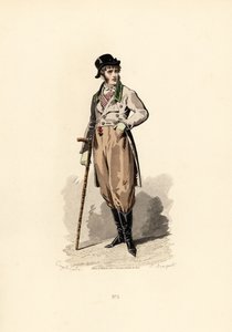 Man in loszittende jas, vest, broek en laarzen door Francois Claudius (after) Compte Calix
