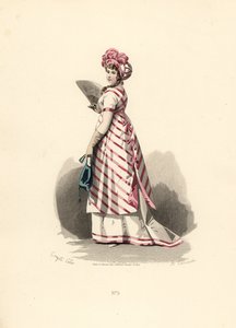 Vrouw in witte jurk met roze rand, gestreept schort
