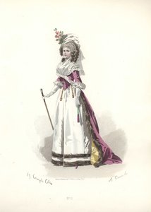 Vrouw in bontafgewerkte outfit, tijdperk van Marie Antoinette