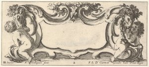 Plaat 2: een cartouche met een kind gezien van achteren naar links en een kind gezien van voren door Francois Collignon
