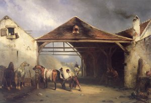 Een hoefsmid die een paard beslaat
