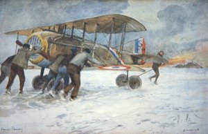 Grondpersoneel en piloot manoeuvreren een Franse Spad-jager door de sneeuw naar een hangar, januari 1918