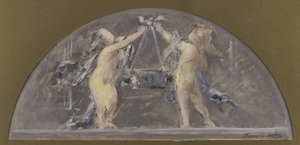 Schets voor de eetkamer van het Hôtel de Ville de Paris, twee kinderen die samen een grote doos optillen door Francois Lafon