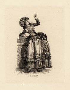 Modieuze vrouw in bonnet à la Nicolet, tijdperk van Marie Antoinette
