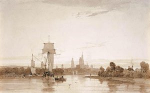 Uitzicht vanaf de Seine naar de kathedraal van Rouen en de stad. Ochtend
