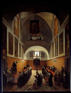 Het nemen van de kleren van een jong meisje uit Albano in het koor van het klooster van St. Clair in Rome. Schilderij door Francois Marius Granet (1775-1849)