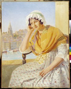 Mevrouw Contencin op het terras quai de Rive-Neuve in Marseille