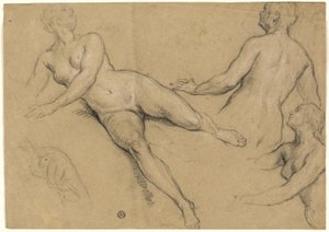 Blad met studies: Drie vrouwen en een hand (recto); Schetsen van mannelijke naakten, hoofden en handen (verso) door Francois Marot