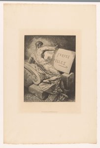 Titelprent met man op stenen monument door Francois Nicolas Chifflart