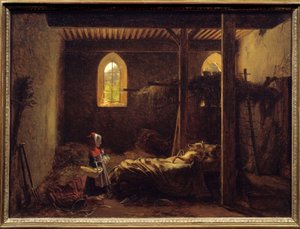 Roodkapje Illustratie van het sprookje van Charles Perrault, Roodkapje voor de wolf vermomd als grootmoeder door Francois Richard Fleury