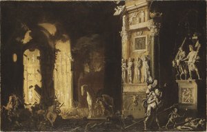 De brand van Troje met Aeneas die Anchises draagt, door Nome, Francois de