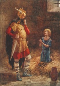 Havelok smeekt om genade van Godard, uit de oude ballade Havelok de Deen (kleur litho)