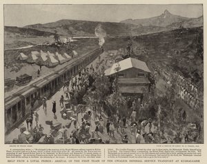 Hulp van een loyale prins, aankomst van de eerste trein van de Gwalior Imperial Service Transport in Kushalgarh door Frank Craig