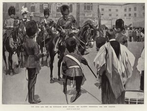 De koning en het 3e bataljon Scots Guards, Zijne Majesteit presenteert de nieuwe kleuren door Frank Craig