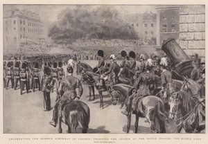 Het Vieren van de Verjaardag van de Koningin in Londen, Trooping the Colour bij de Horse Guards, de Mars door Frank Dadd