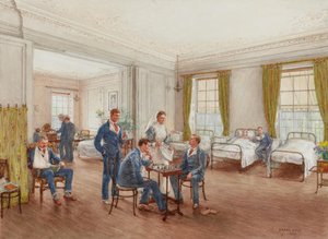 Herstellende soldaten spelen schaak in een zaal in Sulhampstead House Hospital, Berkshire, c.1918 door Frank Dadd