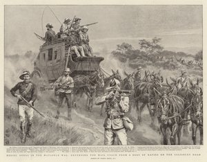 Heroïsche daden in de Matabele-oorlog, verdediging van de postkoets tegen een groep Kafirs op de Salisbury Road door Frank Dadd