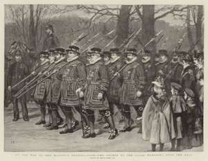 Op weg naar de ontvangstkamer van Hare Majesteit, de Yeomen of the Guard marcheren door de Mall door Frank Dadd
