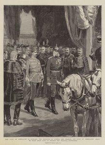 De hertog van Connaught in Hongarije, de keizers van Oostenrijk en Duitsland en de hertog van Connaught op het punt om te vertrekken van Guns om de militaire manoeuvres te aanschouwen door Frank Dadd