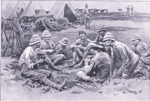 Vermoeide soldaten genieten van een rust, uit After Pretoria: The Guerilla War gepubliceerd door Harmsworth Bros Limited, 1901 door Frank Dadd