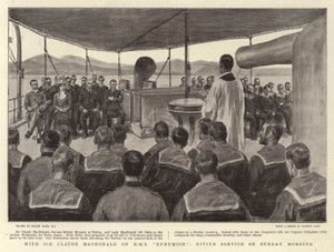 Met Sir Claude MacDonald op H.M.S. Endymion, Godsdienstoefening op Zondagochtend door Frank Dadd