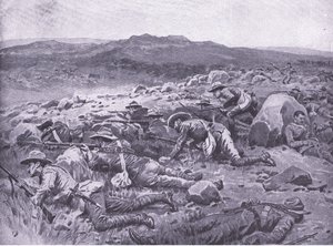 Met de Queensland Imperial Bushmen bij Rhenoster Kop 29 nov 1900, illustratie uit Na Pretoria: De Guerrillaoorlog, 1902 door Frank Dadd
