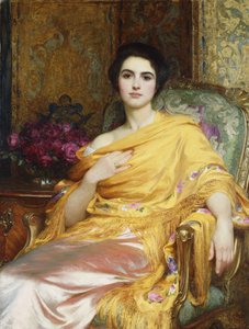 Portret van Elsa, dochter van William Hall, driekwart lengte, zittend in een roze jurk en gele omslagdoek